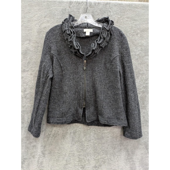 Tweeds Jackets & Blazers - Tweeds Jacket Womens PL Gray Boiled Wool Ruffle Collar Full‎ Zip Knit Short
